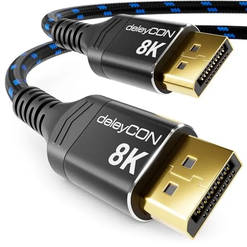 deleyCON 1,5m Cable DisplayPort 1.4 8K@60Hz 4K@165Hz UHD WQHD HDR | 2K a 360 Hz/240 Hz/165 Hz/144 Hz, AMD FreeSync + NVIDIA G-Sync, para tarjeta gráfica, PC, monitor para juegos