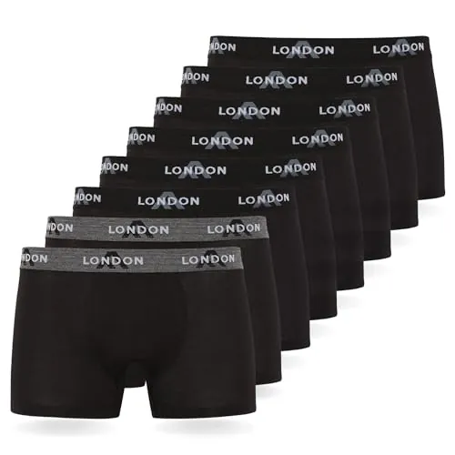 FM London - Bóxers para hombre, suaves, ropa interior elástica para uso diario paquete de 4/8, Negro (Pack de 8), XXL