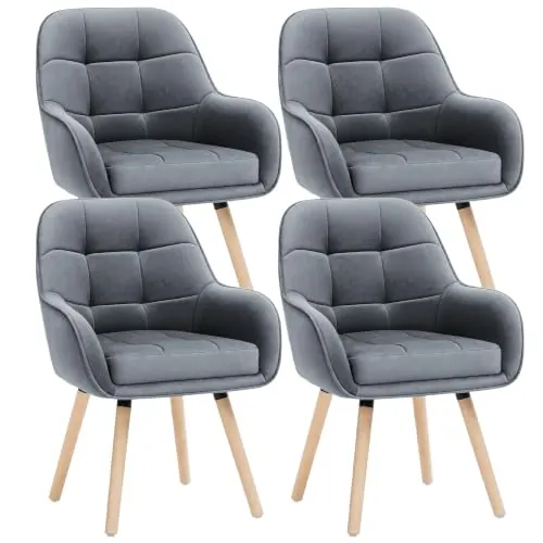 ELUCHANG Silla de Comedor Pack 4, 10cm Grosor Sillones con Reposabrazos Altos, Base Metálica & Patas Madera, Carga Máx.150KG, Gris Terciopelo Silla para Cocina, Salón, Dormitorio