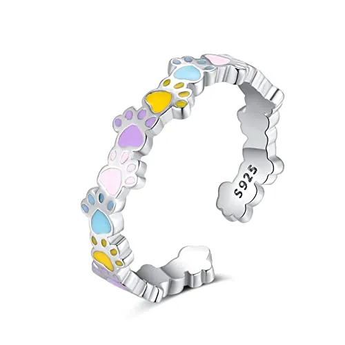 Qings Anillo Pata Huella Ajustables para Niñas Mujer Plata de Ley 925 Anillos Gato Perro Pies Huellas Abierto Colorido Esmalte Perritos Animales Joyería de Regalo para Esposa Hija Madre