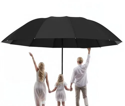 Meichoon Paraguas de Tamaño Súper Grande para 3-4 Personas Mejorado con 12 Varillas Impermeable Resistente al Viento Ligero Auto Abrible/Cerrable Protección Solar Viaje de Negocios Negro