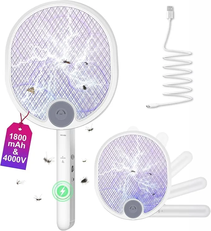 WOCVRYY Raqueta Mosquitos Eléctrico Plegable 4000V 1800mAh USB 3 en 1 Recargable Mosquito Killer Trampa Mosquitos Portátil 3 Capas Malla de Seguridad Base Soporte de Pared Interior Exterior
