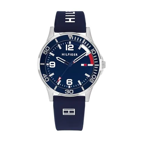 Tommy Hilfiger Reloj para Niño con Esfera Azul, Correa de Silicona Azul, Caja de Acero Inoxidable de 34mm, Bisel de Aluminio, Movimiento de Cuarzo de 3 Manecillas, Resistente al Agua 5 ATM - 1720016