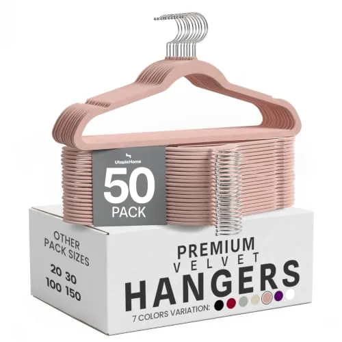 Utopia Home Premium Perchas de Terciopelo Antideslizantes, Duraderas Perchas Negras con Gancho Giratorio de 360 Grados Percha de Gran Resistencia (Rosa, Paquete de 50)