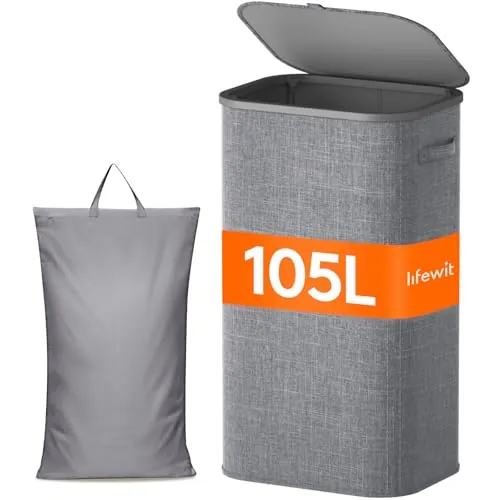 Lifewit Cesto Ropa Sucia, Cesta Ropa Plegable con Bolsa Extraíble y Asa, Cubo Ropa Sucia con Tapa, Laundry Basket para Dormitorio, Baño, Lavandería, Dormitorio, 105 L, Gris Claro