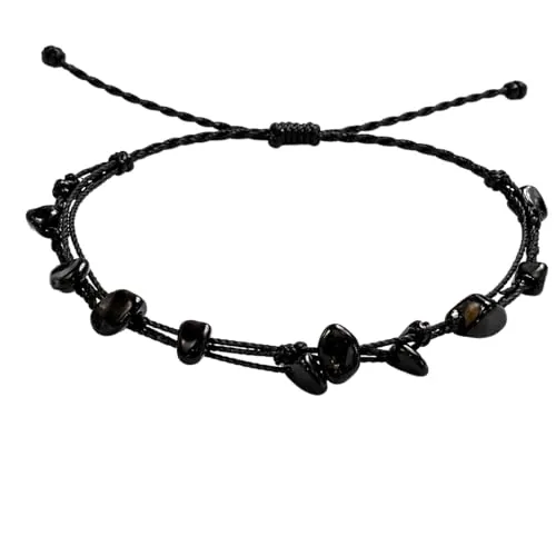 cotigo - Pulsera de Piedra Natural para Mujer y Hombre, Ajustable y Hecha a Mano con Hilo Encerado Resistente, Amuleto de Energía Positiva, Protección y Buena Suerte (Ágata Negra)