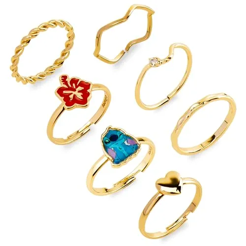 Disney Anillos para Niñas, Pack de 7 Anillos Ajustables en Oro - Regalos para Niñas