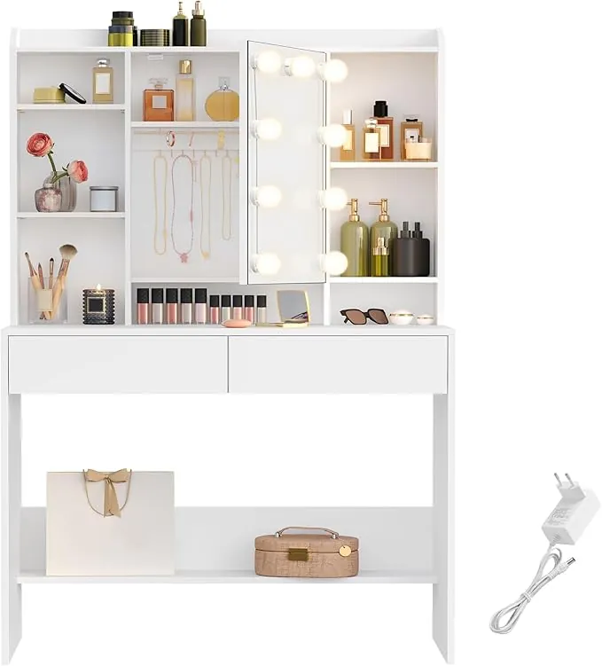 VASAGLE KAILYN Colección - Tocador con 9 Luces LED, 3 Tonos y Brillo Ajustable, Mesa de Maquillaje con Espejo, Estantes Ajustables, 2 Cajones, Blanco Nube RDT126W01