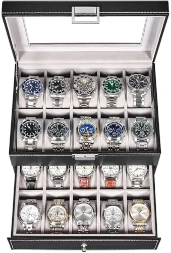 BEWISHOME Caja de Relojes con 20 Compartimentos, Negro Regalos Para Hombres