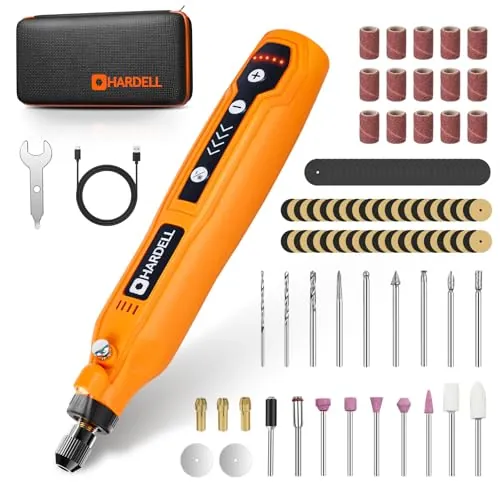 HARDELL Mini Amoladora Bateria Inalámbrica USB, Herramienta Rotativa Multifunción 4V con 61 Accesorios, 5 Velocidades para Manualidades, Modelismo, Pulir, Taladrar y Cortar - Kit de Regalo Bricolaje