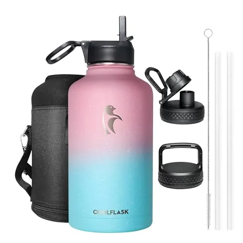 Coolflask Botella de agua aislada de 2 litros, jarra de agua de medio galón con popote y 3 tapas, botella de agua grande aislada, botella de agua al vacío de acero inoxidable para gimnasio, deportes y