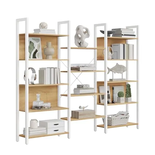VASAGLE Librería, Estantería de Almacenamiento, con 14 Estantes, Marco de Metal, para Sala de Estar, Estudio, Oficina, Estilo Industrial, 24 x 158 x 166 cm, Roble Dorado y Blanco Mate LLS107YA01