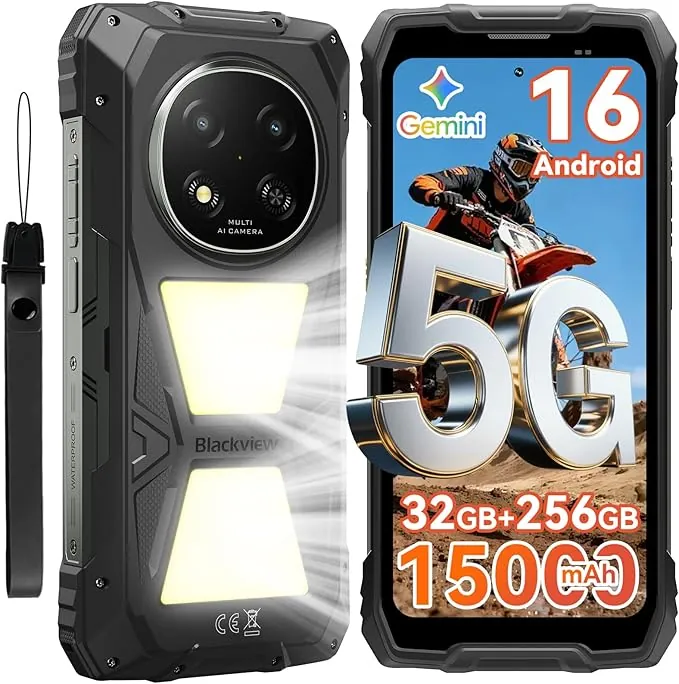 Blackview Rock 2 Pro Movil Irrompible, Android 16 Movil Indestructible 5G 32GB+256GB, 6.67" HD+ Display 120Hz 15000mAh IP69K Móvil Rugerizado, 16MP AI Kamera, NFC/OTG/GPS/Gemini AI/Glove Mode 2.0