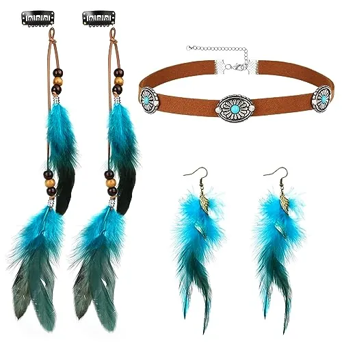 MWOOT Clips de Pelo Pluma, India Extensiones de Cabello Azul, Collar de Gargantilla de Cuero Marrón, Pendientes de Plumas, Joyas Bohemios para Mujer Hippie Tribal Fiesta de Disfraces