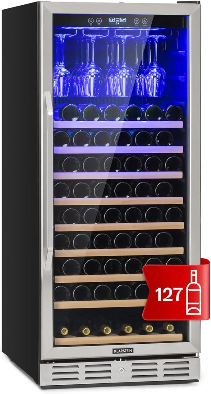 Klarstein Vinoteca para Vinos de 329L Nevera Vino Una Zona, Botellas Vino, Proseco y Cervezas, Vinoteca Pequeña Puerta Cristal para Interior y Exterior, Nevera para Vinos Capacidad 127 Botellas