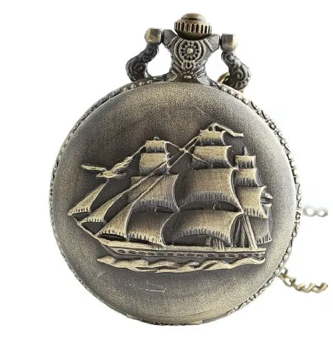 Infinite U Retro Reloj de Bolsillo Barco de Vela/Barcos de Guerra/Barco Pirata Unisex Reloj de Bolsillo de Cuarzo Grande Collar