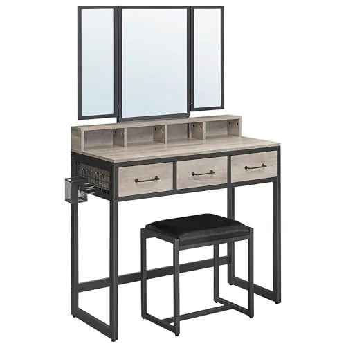 VASAGLE Tocador con Espejo Triple y Taburete, 3 Cajones | Escritorio de Maquillaje, Soporte para Secador, Estilo Tradicional Básico, Greige Mélange, Colección DACEY RVT004B02