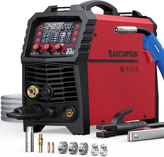 ARCCAPTAIN Soldador MIG MAG de 200A, 6 en 1 Totalmente Sinérgica, para Hilo Tubular/Sin Gas MIG/Gas MIG/MMA E-Hand/LIFT TIG/Soldadura Puntos, Soldador Inverter IGBT de 230V