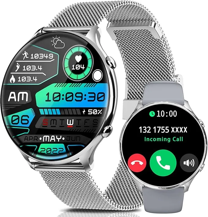 Relojes Inteligentes Mujer Hombre,1.39' Smartwatch Redondo con Hacer y Contestar Llamada,Monitoreo de Sueño,Podómetro,SpO2,120 Modos Deporte,Pulsera Fitness Plata para Android iOS
