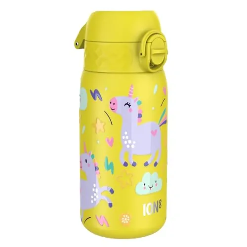ion8 Botella Agua Inox Ligero para Niños, 400ml, Sin Aislamiento, a Prueba de Fugas, Fácil de Abrir, Cerradura Segura, Apta para Lavavajillas, Tapa Abatible, Fácil de Limpiar, Unicornios, Amarillo