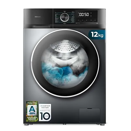 Cecotec Lavadora 12Kg Carga Frontal Bolero DressCode 12500 Inverter Steel. 1400rpm, 16 Programas, Clase A-20%, Bajo Consumo, Motor Inverter Plus, Vapor, Pearl Drum, Delay Start, Drum Clean y Stop&Go