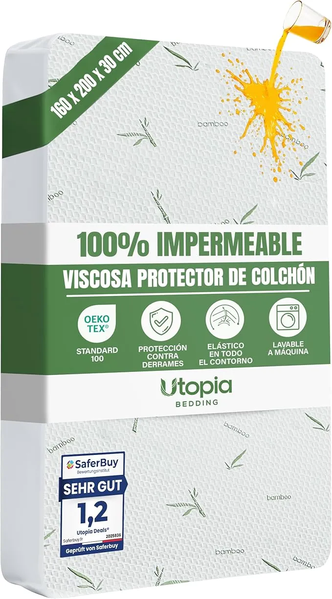 Utopia Bedding Protector de Colchón 160 x 200 x 30 cm Impermeable, Viscosa Premium, Certificación Oeko-Tex, Cubre Colchón Transpirable, Elástico En Todo
