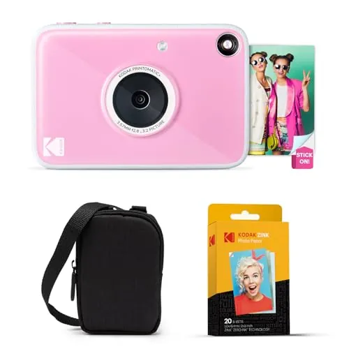 Kodak Printomatic+ Cámara Digital Instantánea 10MP Paquete de Inicio con Funda, LED RGB y Papel Zink 20 Hojas – Rosa