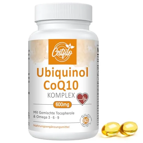 Ubiquinol CoQ10 600 mg cápsula blanda - Forma activa de CoQ10 más vitamina E y omega 3 6 9 - Suplemento antioxidante avanzado de coenzima Q10 para el corazón y el cerebro (60 unidad (Paquete de 1))