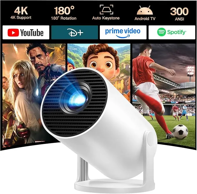 [Auto Keystone] Proyector Inteligente con Wi-Fi 6 Bluetooth 5.4, 4K Soporte, Android 14, Apps Integradas, Mini Proyector Portatil Compatible con HDMI/iOS/Android/US LYNCAST HY300 Pro