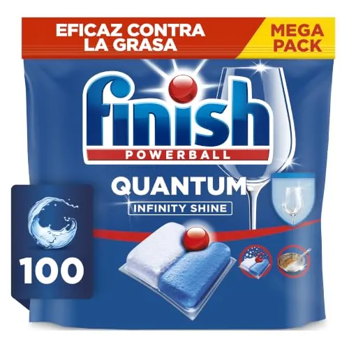 Finish Powerball Quantum All in 1 Pastillas para el lavavajillas todo en 1, limpieza profunda y brillo superior, 100 pastillas
