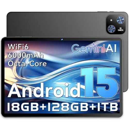 Tablet 10 Pulgadas Android 15 Negro, 6GB RAM (hasta 18GB con expansión) 128GB, Octa-Core T30, Pantalla IPS 1280x800, Batería 6000mAh, WiFi Dual, GPS, Desbloqueo Facial, Bluetooth, USB-C, TF hasta 1TB