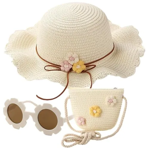 SYTTNUM Sombrero De Paja para Niños Pequeños,Bolso De Hombro con Flores Peludas Gafas De Sol Bolsa Pequeña De Paja Tejida Sombrero De Playa Gafas De Sol De Girasol para 3-8 Años Niños