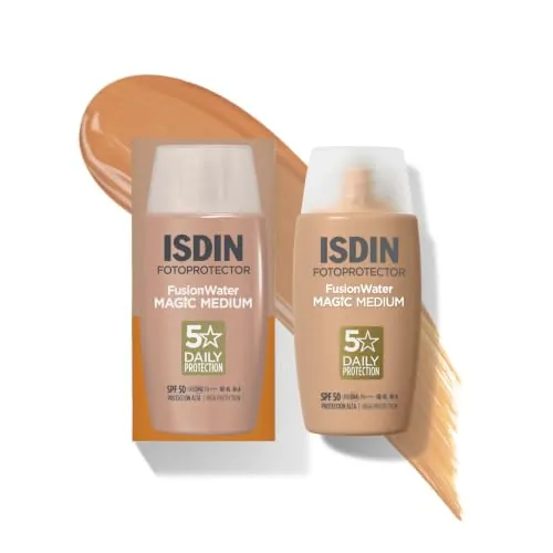 ISDIN Fotoprotector Fusion Water MAGIC Medium SPF 50, Protector Solar Facial Ultraligero Con Color, Crema Solar Que Unifica El Tono Y Protege Con Tecnología Full Spectrum, En 3 Tonos -50 ml
