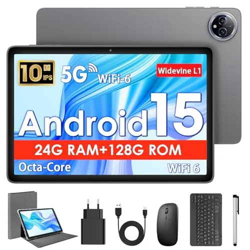 Tablet 10 Pulgadas, Tableta Android 15 con Funda, Ratón & Teclado, Octa-Core, 24 GB RAM + 128 GB ROM + 1 TB TF, Pantalla IPS HD 1280x800, Cámara Dual, 6000 mAh, WiFi 6, BT 5.0, Widevine L1, GPS (Gris)