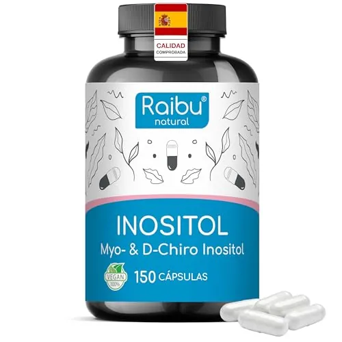 Inositol Raibu, Myo Inositol & D-Chiro - 150 Cápsulas, 2120mg por Dosis Diaria - Para PCOS, Equilibrio Hormonal, Con Vitamina B6, Ácido Fólico y Cromo - Vegano y Sin Aditivos