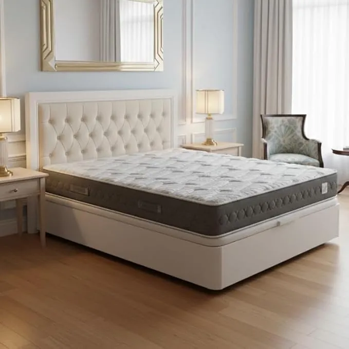 ROYAL SLEEP - Pack Descanso Montaje y Retirada de Usado Incluido | Colchón Viscoelástico Ceramic Plus 150x190 + Canapé Abatible Gran Capacidad Blanco Madera