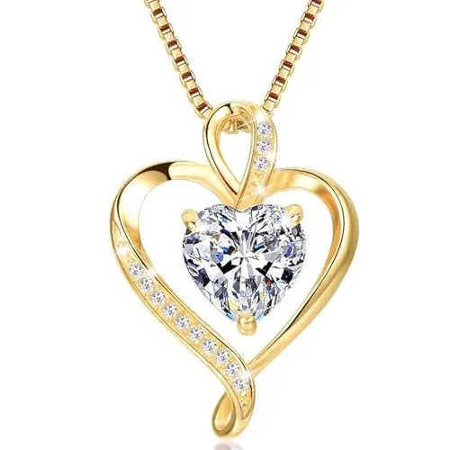 LAVUMO Collares Mujer Amor Colgante de Corazón Oro Rosa Plata de Ley 925 Collares Mujer Joyas Regalos para Esposa, Mamá Novia Cumpleaños Navidad Aniversario día San Valentín Regalo(Oro-04-Abril)