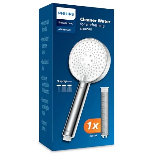 Philips Alcachofa de ducha con filtro, elimina eficazmente el cloro y otras partículas grandes, tres modos de pulverización, diseño de mejora de presión, capacidad de filtrado de 1 mes