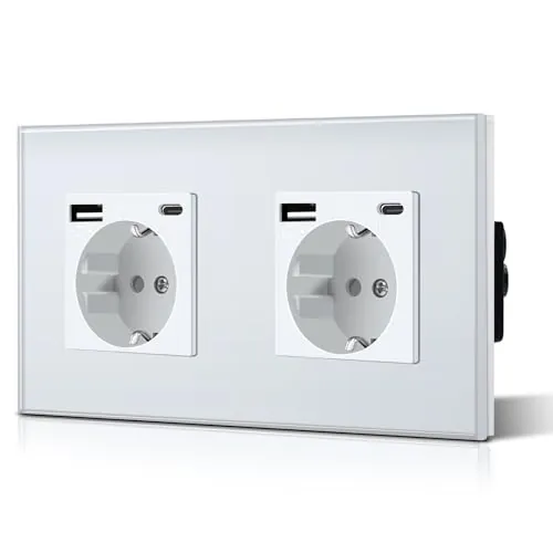 BSEED Enchufe Doble con USB C,Enchufes Pared con Cristal,Schuko Enchufe Simple 16A 250V,Toma de Corriente para Cocina,Dormitorio,Oficina,Hotel,M Serie,2 Enchufes con USB y Tipo C,157mm Blanco