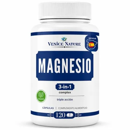Magnesio Complex 400mg - 3 en 1 Puro Alta Dosis - Mejor valor €/mg - Citrato + Bisglicinato + Óxido, Magnesio 3, 120 Cápsulas Vegan - Uso Diario - Venice Nature