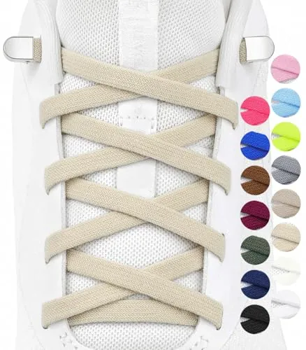 Stepace 2 Pares Cordones Elásticos sin Atar Planos de 6mm, Cordones de Zapatos Ajustables con Cierre de Metal para Niños, Adultos, Sneakers, Running y Triatlón Beis 120
