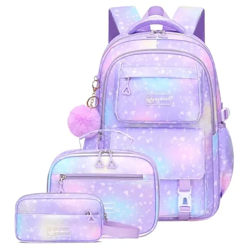 Amythe Mochila Escolar Niña Primaria 3 Piezas, Mochila para Niñas y Bolsa de Almuerzo 7 a 12 Años, Mochilas Escolares Chica Impermeable e Ligera, Morado
