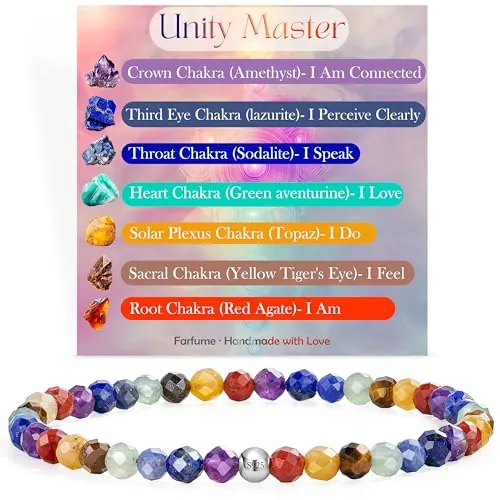 Farfume Chakra - Equilibrio y Armonía - Pulseras de Cuentas para las Mujeres, 4mm Cristal Plata de ley 925 Piedra Natural Elásticas con Piedras Preciosas de para Mujer, Joyería de Chakra Regalos