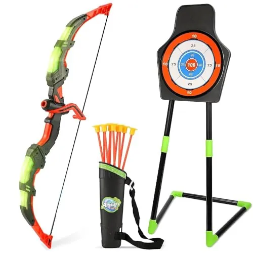 Arco y Flechas para Niños con Luz LED, Juegos Exterior Niños de 3 a 8 Años | Tiro con Arco con Ventosa/Diana de Pie/Carcaj, Bow and Arrow Set,Regalos de Navidad y de Cumpleaños para Niños y Niñas(Verde）