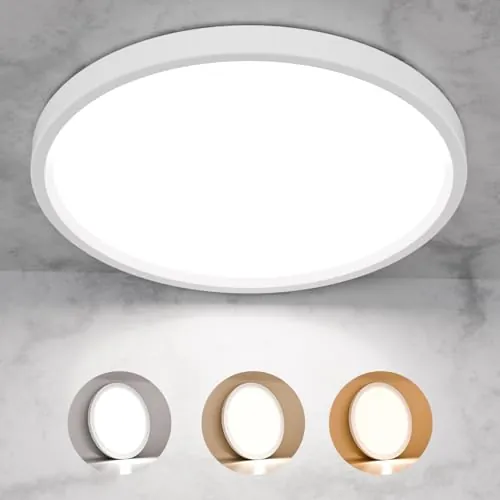 LQWELL Lámpara de techo LED, IP44, resistente al agua, redonda, plana, para baño, 12W, 3000K, 4000K, 6000K, 1320LM, moderna, sencilla y delgada, para salón, baño, cocina, 180 x 18 mm