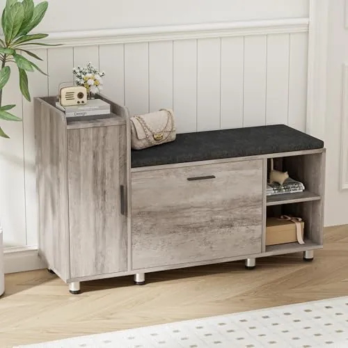 BonVache Banco Zapatero con Asiento y Solapa, Altura Ajustable, Organizador Zapatos con Armario de Almacenamiento y 3 Espacios Abiertos, para Entrada, Pasillo, recibidor, 105 x 34 x 67cm, Gris