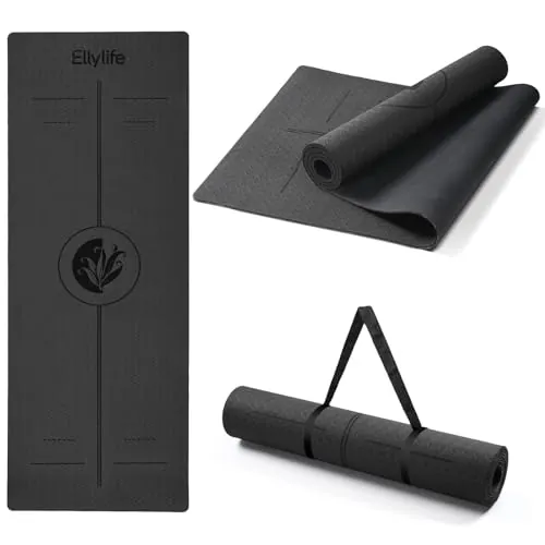 EllyLife Esterilla Yoga Antideslizante con Marcas de Alineación, Caucho Natural y Eco TPE, Extra Gruesa 6mm Duradera Yoga Mat, con Correa para Pilates, Yoga, Ejercicio y Hot Yoga
