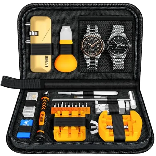 【Nuevo 2024】JOREST Herramientas Relojero, Kit Reparacion Reloj, Cambiar Pilas Relojes, Quitar Eslabones, Llaves Reloj, Destornillador Abrir Tapa, Martillo Ajustar Relojes, Acortar Correas, Pasadores