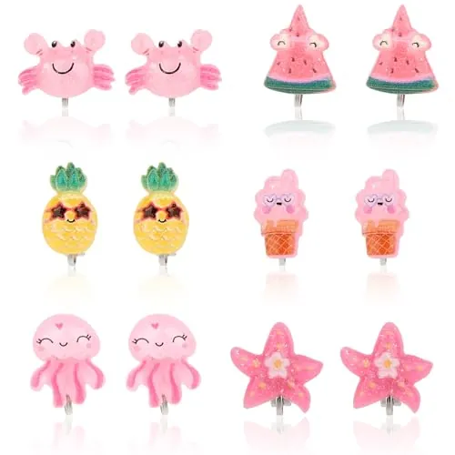 Mikovivi 6 Pares Pendientes de Clip Niña, de Resina Sin Perforar Estilo Playero con Pulpo Cangrejo y Otros Diseños con Temática Veraniega (6 Estilos)