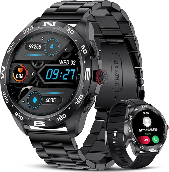 Reloj Inteligente Hombre, 1.32" Pantalla Táctil Completo con Llamada Bluetooth/Notificaciones Inteligentes/Monitor de Ritmo Cardiaco Sueño, 3ATM Impermeable smartwatch Hombre